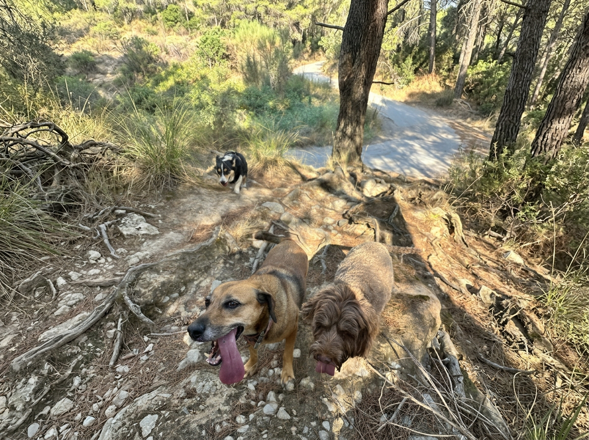 Three dogs on a rocky trail with tongues out